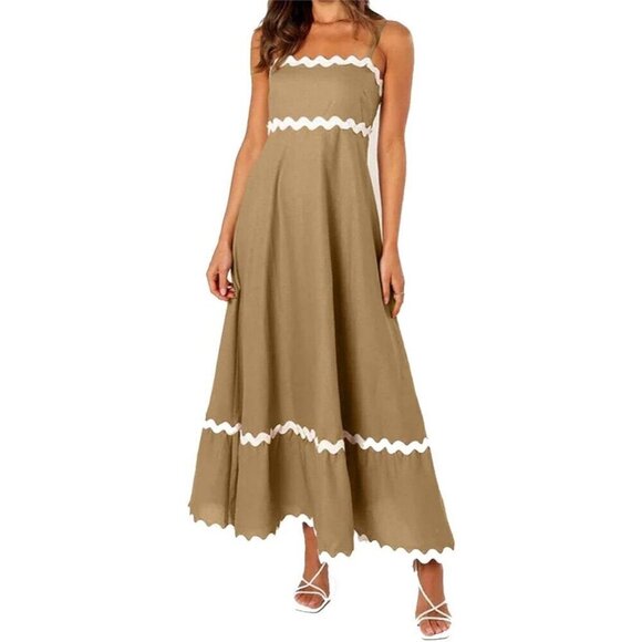 Dresses & Skirts - Women Khaki Spaghetti Straps Sleeveless Square Neck Smocked Rickrack Maxi Dress